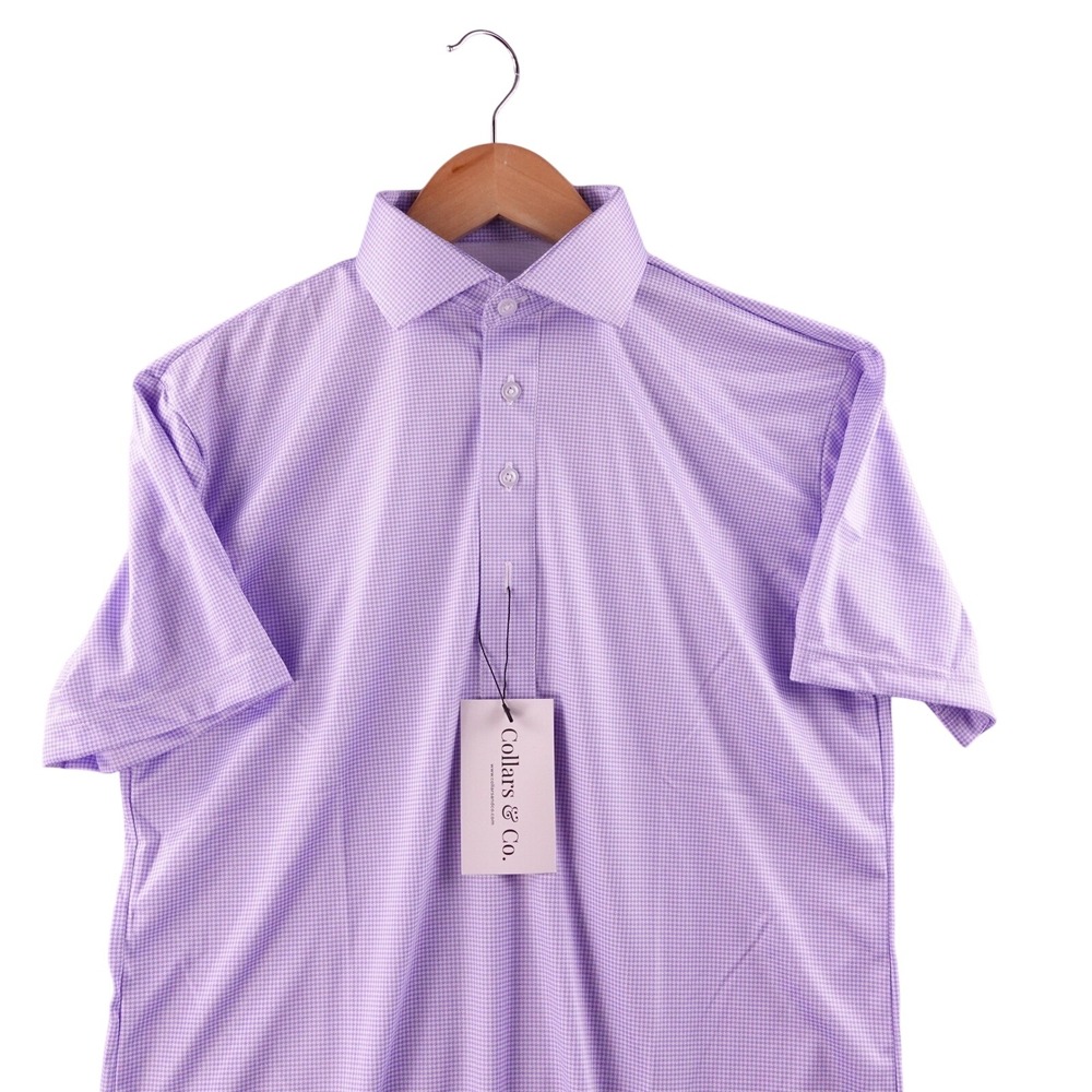 Collars & Co Mens Small Lavender Gingham Performance Polo Shirt NWT Stretch